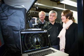 From left are: Professor Jim Williams, Professor Andrei Rode and Associate Professor Jodie Bradbury with the complex electron diffraction patterns.
CREDIT: Stuart Hay, ANU