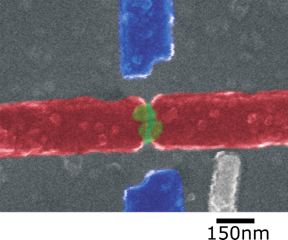 False color scanning electron microscope image of the device.

The two green spots are the quantum dots located in the gap between the two (red) electrodes.