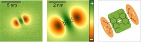 Left: The scanning quantum dot micrograph of a PTCDA molecule reveals the negative partial charges at the ends of the molecule as well as the positive partial charges in the center. Center: Simulated electric potential above a PTCDA molecule with molecular structure. Right: Schematic of charge distribution in the PTCDA molecule.
CREDIT: Copyright: Forschungszentrum Juelich