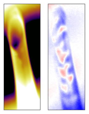Mapping of the captured magnetization domains (right, red-blue patterns) in a sample 20 nanometers thick that had been wound in two layers into a tube. The tube has a diameter of 5 microns and a height of 50 microns.
CREDIT: F. Kronast /HZB