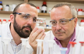 Enrico Andreoli, left, and Andrew Barron of Rice University are studying the use of enhanced carbon-60 molecules to capture carbon dioxide that would otherwise be released as a greenhouse gas.Credit: Welsh Government