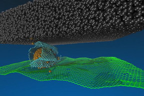 In this schematic of the superlubricity system, the gold represents nanodiamond particles; the blue is a graphene nanoscroll; green shows underlying graphene on silicon dioxide; and the black structures are the diamond-like carbon interface.
CREDIT: Sanket Deshmukh, Joseph Insley, and Subramanian Sankaranarayanan, Argonne National Laboratory