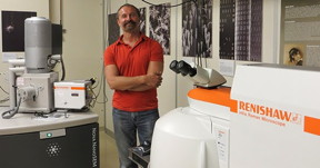 Dr Sergey Prikhodko with his Renishaw inVia Raman microscope, SEM-SCA interface and SEM.