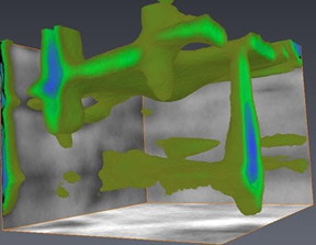 3D network of cracks and fibre/matrix: The sample has been loaded from bottom to top of the image; the blue areas show where the fibres have been removed. Minor cracking is observed perpendicular to the load direction.