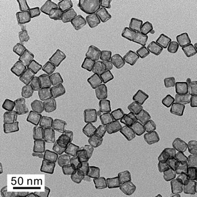 A transmission electron microscope image shows a typical sample of platinum cubic nanocages.

Credit: Xia Laboratory