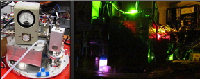 Left image) The UPR payload on the test bench; the XEI Evactron ES decontaminator is on the right. Right image) The Evactron ES on test  plasma glowing pink on ignition.