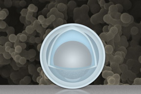 A new "yolk-and-shell" nanoparticle could boost the capacity and power of lithium-ion batteries. The gray sphere at center represents an aluminum nanoparticle, forming the "yolk." The outer light-blue layer represents a solid shell of titanium dioxide, and the space in between the yolk and shell allows the yolk to expand and contract without damaging the shell. In the background is an actual scanning electron microscope image of a collection of these yolk-shell nanoparticles.

Image: Christine Daniloff/MIT