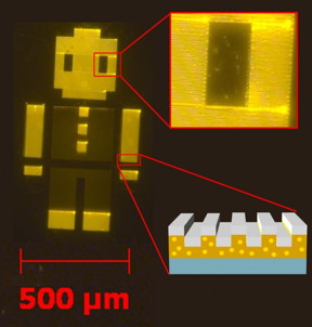 To demonstrate their new technology, researchers fabricated a novel 1mm device (aka Robot Man) made of yellow photonic-crystal-enhanced QDs. Every region of the device has thousands of quantum dots, each measuring about six nanometers.
CREDIT: Gloria See, University of Illinois at Urbana-Champaign