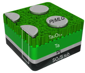 A schematic shows the layered structure of tantalum oxide, multilayer graphene and platinum used for a new type of memory developed at Rice University. The memory device overcomes crosstalk problems that cause read errors in other devices.Credit: Tour Group/Rice University