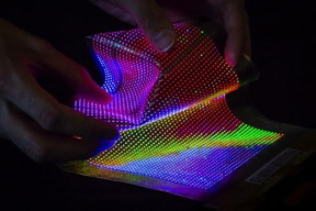 The worlds first stretchable and conformable thin-film transistor (TFT) driven LED display laminated into textiles developed by Holst Centre, imec and CSMT.