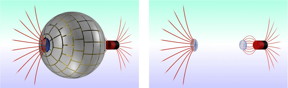 (Left) 3-D diagram of the magnetic wormhole shows how the magnetic field lines (in red) leaves a magnet on the right pass through the wormhole. (Right) In terms of magnetism the wormhole is undetectable, which means that the magnetic field seems to disappear on the right only to reappear on the left in the form of a magnetic monopole.
CREDIT: Jordi Prat-Camps and Universitat Autnoma de Barcelona; the figure may be used in the media.