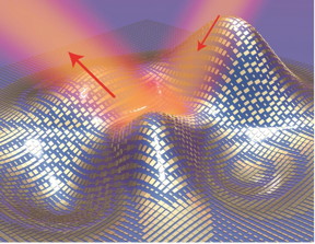 This image shows a 3-D illustration of a metasurface skin cloak made from an ultrathin layer of nanoantennas (gold blocks) covering an arbitrarily shaped object. Light reflects off the cloak (red arrows) as if it were reflecting off a flat mirror.
CREDIT: Image courtesy of Xiang Zhang group, Berkeley Lab/UC Berkeley