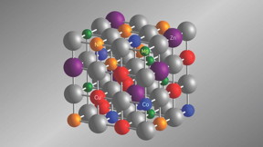 Schematic illustration of an entropy stabilized oxide at the atomic scale. The grey spheres represent the oxygen sub lattice in the rock salt-structured crystal while the colored spheres represent the metal cations. Each different color corresponds to different elemental species. Note that different metals are distributed randomly. Image credit: Jon-Paul Maria.