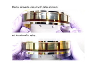 Flexible perovskite solar cell device before (top) and after (bottom) corrosion of the silver electrode (Energy Materials and Surface Sciences Unit, OIST). The device prepared by Dr. Mikas Remeika.