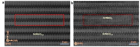 Atomic zip in SrNbO3.4. (a) HAADF STEM image taken before irradiation. The irradiation area is marked by a red open rectangle. (b) HAADF STEM image taken after the electron irradiation for ~300 s showing changes in atomic structure in the irradiated region. The zigzag-like slab in the rectangle is transformed to a chain-like connected structure, resulting in atomic merging of the two neighboring chain-like slabs. The new phase has adopted the structure of SrNbO3. The phase transformation can be well controlled with atomic precision.
CREDIT: Nano Letters