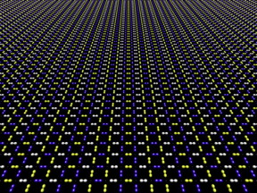 A rendering of the charge density wave. This pattern of dumbbells, each representing the electronic orbital on an oxygen atom, may look static, but if you look closely you'll see that the colors of the orbitals change as you move from left to right. This color change (yellow, white, blue, white, yellow, white, blue...) represents changes in charge density (high, medium, low, medium, high, medium, low...) moving across the plane from left to right.
CREDIT: Brookhaven National Laboratory