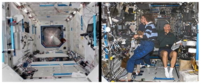 Left: International Space Stations Destiny module, just after installation in 2001. 
Right:  Destiny module in use in 2002. Image Credit:  NASA