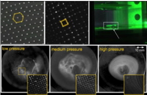 Figure 1: [Left] Typical plasma crystal with a self-ordered, hexagonal arrangement of dust particles indicated by the bright white spots. [Middle] Made to order square pattern formed in an imposed dust crystalline-like structure. [Right] A typical dusty plasma illuminated by a green laser in the MDPX experiment at Auburn University.

Courtesy, Max Planck Institute

Figure 2: Breakup of the dust grid structure is observed as the background neutral pressure is increased from low to high pressure. Each image is a sum of over 100 individual picture frames to reveal the motion of the dust particle trajectories. With increasing pressure the particles "unlock" from the grid generated crystal and begin to flow, first from lattice site to lattice site, and then forming a swirling pattern at high pressure. The yellow boxes show close-ups of the observed particle pattern at different pressures for the area highlighted in the left figure.

CREDIT: Thomas Auburn