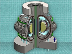 Conceptual design of the ARC fusion reactor. About the same size as the currently operating JET tokamak in the United Kingdom, but with three times the magnetic field strength, ARC is sized to produce 500 MW of deuterium-tritium fueled fusion power.
CREDIT: Earl Marmar