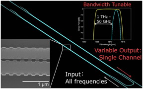 The bandwidth-tunable silicon filter uses periodic nanostructures to filter a single channel from all input frequencies. The filter has the widest tuning span ever demonstrated on a silicon chip.
CREDIT: Research Contact: Wei Shi Universit Laval in Qubec, Canada wei.shi@gel.ulaval.ca