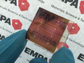 The semi-transparent perovskite solar cell absorbs UV, blue and yellow visible light. It allows red light and infrared radiation to pass through. Based on this principle, a double-layer "tandem solar cell" can be built with an efficiency that is much higher than single-layer solar cells.
CREDIT: Empa