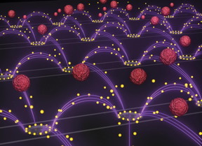 An artist's representation of the nanoparticle removal chip developed by researchers in Professor Michael Heller's lab at the UC San Diego Jacobs School of Engineering. An oscillating electric field (purple arcs) separates drug-delivery nanoparticles (yellow spheres) from blood (red spheres) and pulls them towards rings surrounding the chip's electrodes. The image is featured as the inside cover of the Oct. 14 issue of the journal Small.
CREDIT: Stuart Ibsen and Steven Ibsen.