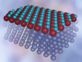 This is a computer visualization of a single layer of a new form of iron oxide on a platinum substrate. Iron atoms in brown, oxygen atoms in light blue.
CREDIT: IFJ PAN