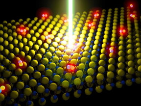 This is a schematic of a laser beam energizing a monolayer semiconductor made up of molybdenum disulfide (MoS2). The red glowing dots are particles excited by the laser.

Image by Der-Hsien Lien
