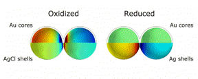 This animation illustrates the markedly different colors of light that are scattered thanks to plasmonic shifts that occur when no metal bridges are present (left) and when they are (right).
CREDIT: C. Byers/Rice University