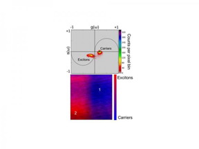 (Top) A phasor plot of the transient absorption data shows the presence of free charges and excitons; a false colored image shows their contributions at different spatial positions.
CREDIT: ORNL