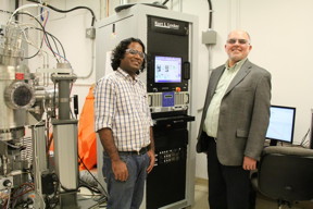 UAlberta materials engineering postdoctoral fellow Triratna Muneshwar and materials engineering professor Ken Cadien have developed a new method of making thin films. Their research appears in the Journal of Applied Physics.
CREDIT: UAlberta Engineering
