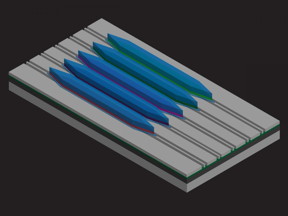 3-D artistic depiction of multiple Quantum Cascade Lasers integrated above silicon waveguides.
CREDIT: Alexander Spott