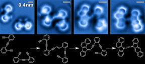 Sequence of images of the steps in the reaction of enediyne molecules on a silver surface.
CREDIT: A. Riss / Technische Universitt Mnchen