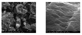 Fig. 1: SEM images of Abalonyx rGO, 6,000 X magnification left and 100,000 X right.