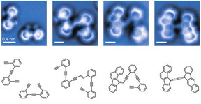 An atomic force microscope was able to take a snapshot of the atoms before and after the reaction, but also found two supposedly short-lived intermediates (center) in this reaction of two enediyne molecules.
CREDIT: UC Berkeley
