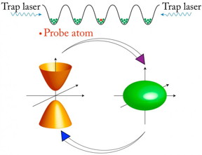 The wavelike pattern at the top shows the accordion-like structure of a proposed quantum material -- an artificial crystal made of light -- that can trap atoms in regularly spaced nanoscale pockets. These pockets can be made to hold a large collection of ultracold 'host' atoms (green), slowed to a standstill by laser light, and individually planted "probe" atoms (red) that can be made to transmit quantum information in the form of a photon (particle of light). The lower panel shows how the artificial crystal can be reconfigured with light from an open (hyperbolic) geometry to a closed (elliptical) geometry, which greatly affects the speed at which the probe atom can release a photon.
Credit: Pankaj K. Jha/UC Berkeley