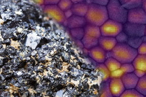 A sample of the mineral perovskite is shown in the foreground, while behind it is an image the researchers used to prove the effects of intense light on a thin film of perovskite. Fluorescence imaging shows that areas that received more light became more purified, as revealed by brighter fluorescence from those regions.

Image: MIT News. Fluorescence image courtesy of the researchers.