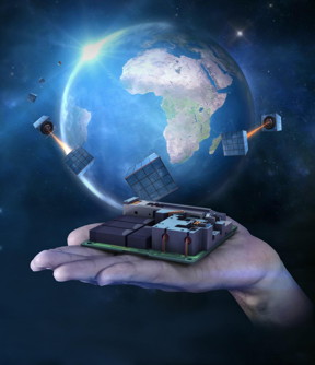 Researchers at the National University of Singapore and University of Strathclyde, UK, have launched a satellite that is testing technology for a global quantum network. This image combines a photograph of the quantum device with an artist's illustration of nanosatellites establishing a space-based quantum network.
CREDIT: Centre for Quantum Technologies, National University of Singapore