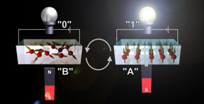Using two forms of strontium cobalt oxide with different oxygen content, the device can be switched from an insulating/non-magnet state to a metallic/magnet state simultaneously by electrochemical oxidation/reduction reaction at room temperature in air.
CREDIT: Hiromichi OHTA, Hokkaido University