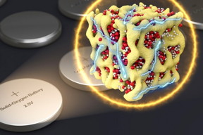 In a new concept for battery cathodes, nanometer-scale particles made of lithium and oxygen compounds (depicted in red and white) are embedded in a sponge-like lattice (yellow) of cobalt oxide, which keeps them stable. The researchers propose that the material could be packaged in batteries that are very similar to conventional sealed batteries yet provide much more energy for their weight.

Courtesy of the researchers