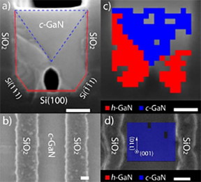 A new method of cubic phase synthesis: Hexagonal-to-cubic phase transformation. The scale bars represent 100 nm in all images. (a) Cross sectional and (b) Top-view SEM images of cubic GaN grown on U-grooved Si(100). (c) Cross sectional and (d) Top-view EBSD images of cubic GaN grown on U-grooved Si(100), showing cubic GaN in blue, and hexagonal GaN in red.
CREDIT: University of Illinois