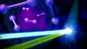 Using SLAC's instrument for ultrafast electron diffraction, researchers were able to directly see the motions of atomic nuclei in vibrating molecules for the first time. In the experiment, a laser pulse (green) hit a spray of iodine gas (at right). This stimulated vibrations in the iodine molecules, which consist of two iodine atoms connected via a chemical bond (top left). The molecules were then hit by an electron beam (blue), generating a characteristic diffraction pattern (background) on a detector, from which the separation of the nuclei can be precisely determined.
CREDIT: SLAC National Accelerator Laboratory