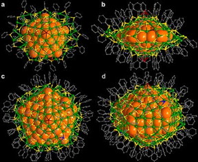This figure shows: Upper row: (a) top and (b) side view of the 136-atom silver nanocluster. Lower row: (c) top and (d) side view of the 374-atom silver nanocluster. The metal cores of these clusters have a diameter of 2 and 3 nm, respectively. Silver atoms in the metal core are denoted by large orange sphere. The core is protected by a silver-thiol layer (green: silver; yellow: sulfur; carbon: gray). Courtesy of Nanfeng Zheng, Xiamen University.
CREDIT: the University of Jyvskyl