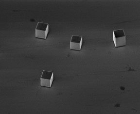 Microscopic silver cubes were the bullets in Rice University experiments to show how deformation upon impact can make materials stronger and tougher.
Credit: Thomas Group/Rice University