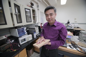 Associate Professor Xudong Wang holds a prototype of the researchers' energy harvesting technology, which uses wood pulp and harnesses nanofibers. The technology could be incorporated into flooring and convert footsteps on the flooring into usable electricity.
CREDIT
Stephanie Precourt/UW-Madison
