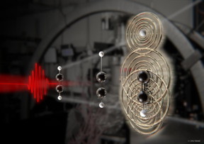 An intense laser, represented in red, is used to affect an acetylene molecule -- composed of two hydrogen atoms, represented as white balls, and two carbon atoms, represented as black balls -- to strip out an electron and initiate the break up of the molecule. After nine femtoseconds, the laser drives the free electron back to the elongated molecule to create an image. Kansas State University researchers were able to decode the image and create the first real-time observation of a molecule breaking up.
CREDIT
ICFO-The Institute of Photonic Sciences and Scixel
