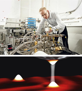 Keeping a close eye on everything: Christian Ast checks the connections of the scanning tunneling microscope (top). Researchers in the Nanoscale Science Department conduct their experiments in this instrument at lowest temperatures of a fifteen thousandth of a degree above absolute zero. The principle is always the same (bottom): A tunneling current (illustrated by the transparent bar) flows between an ultrafine tip and the sample, providing information about the properties of the sample. At these low temperatures the tunneling current reveals all of its quantum properties.
CREDIT
Tom Pingel (top), MPI for Solid State Research (bottom)