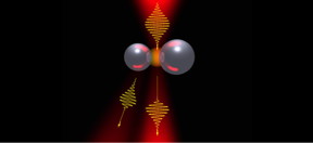 Fig. 1. An artist's rendering of nonlinear light scattering by a dimer of two silicon particles with a variable radiation pattern.
CREDIT
Image courtesy of the press office of MIPT