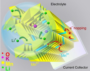 3-D schematic shows how doping with potassium may facilitate the insertion of lithium ions into manganese dioxide coated on a current collector.
CREDIT
Reza Shahbazian-Yassar/UIC
