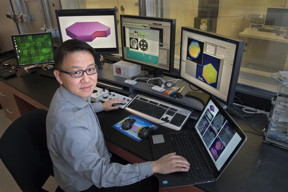 Dong Su in the control room of the aberration-corrected scanning transmission electron microscope (Hitachi HD2700C) at the Center for Functional Nanomaterials, a US Department of Energy Office of Science User Facility at Brookhaven Lab. On the computer screens are images of the platinum-based nanoplates that Su and his collaborators developed. The nanoplates have a thick, ordered shell of platinum that surrounds a platinum and lead alloyed core. This special structure is thought to be behind the high catalytic activity and stability of the nanoplates.
CREDIT
Brookhaven National Laboratory
